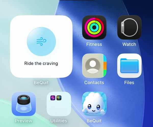 The BeQuit widget on an iPhone home screen, reading Ride the craving
