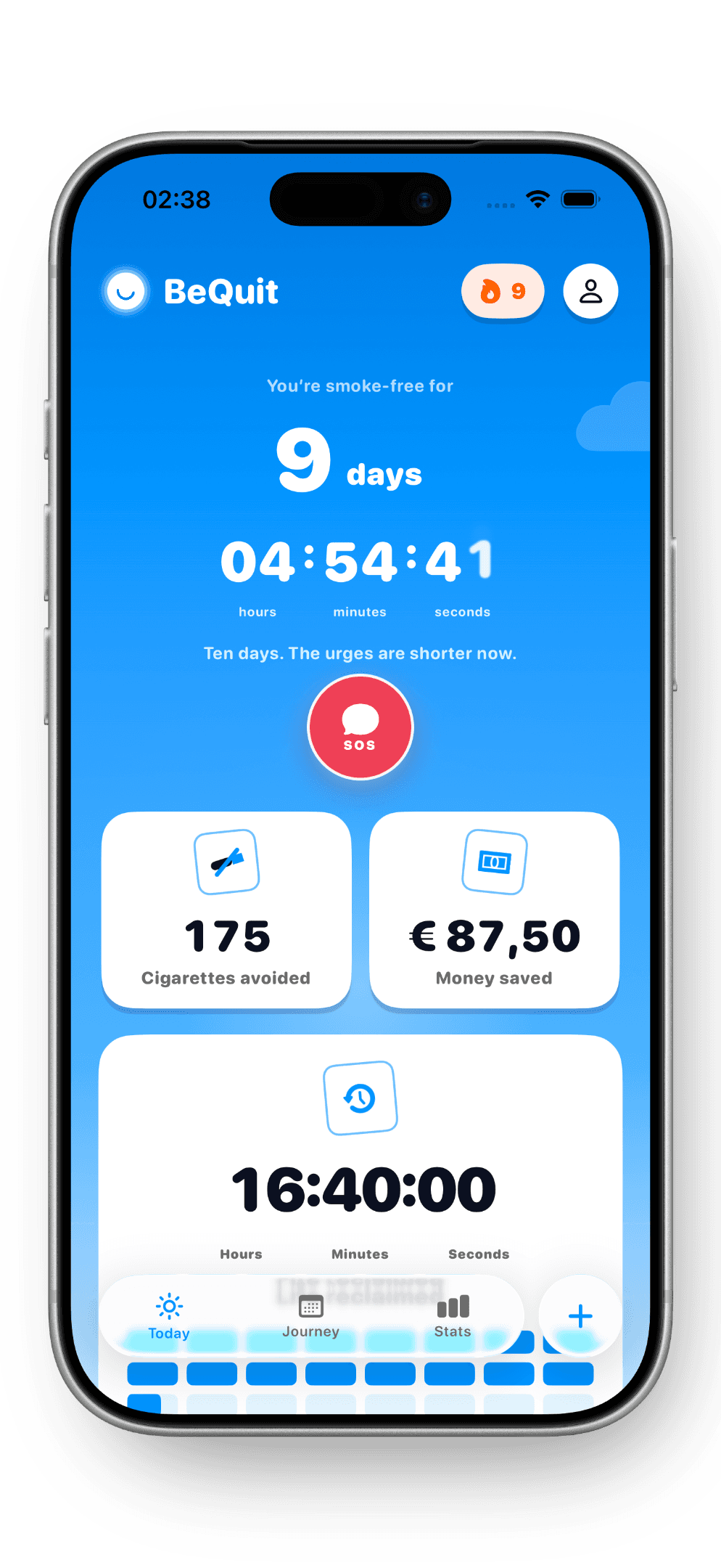 The BeQuit Today screen showing nine days smoke-free