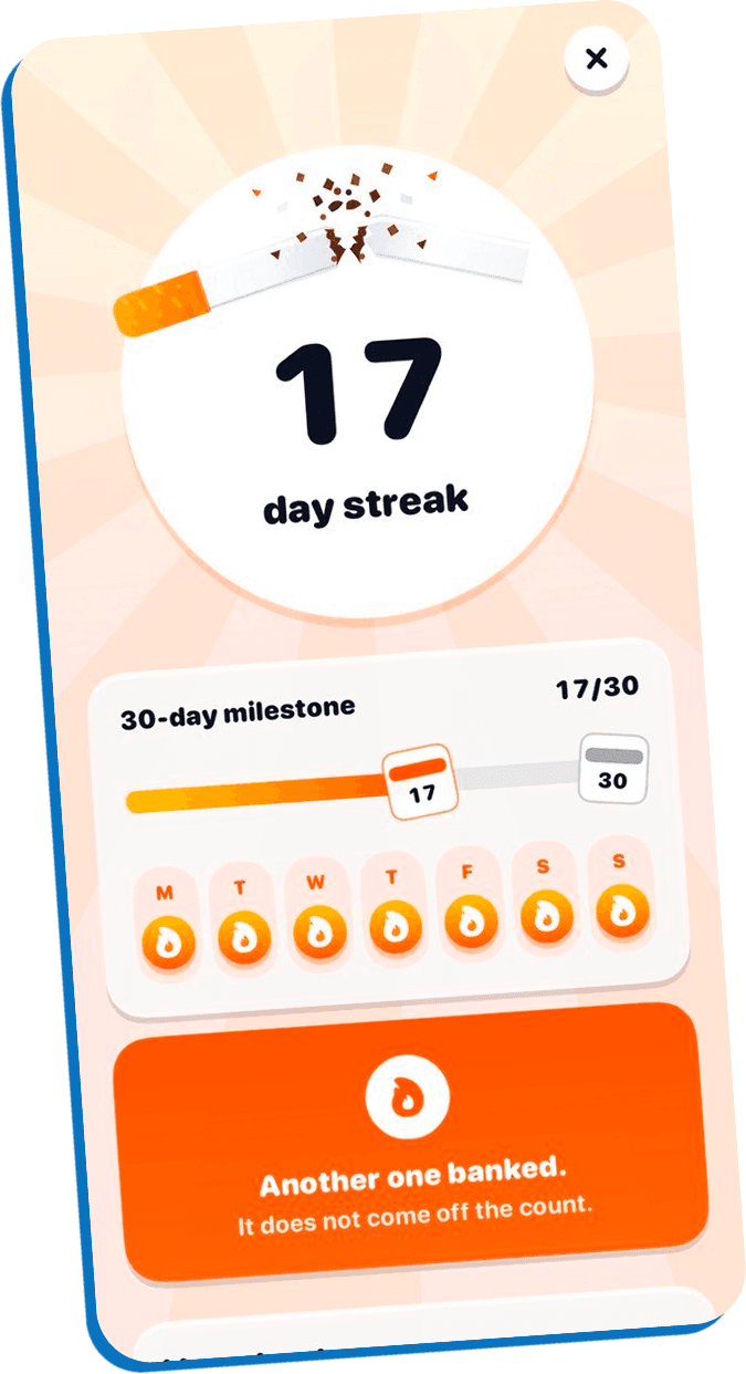 BeQuit streak screen showing a 17 day streak against a 30 day milestone