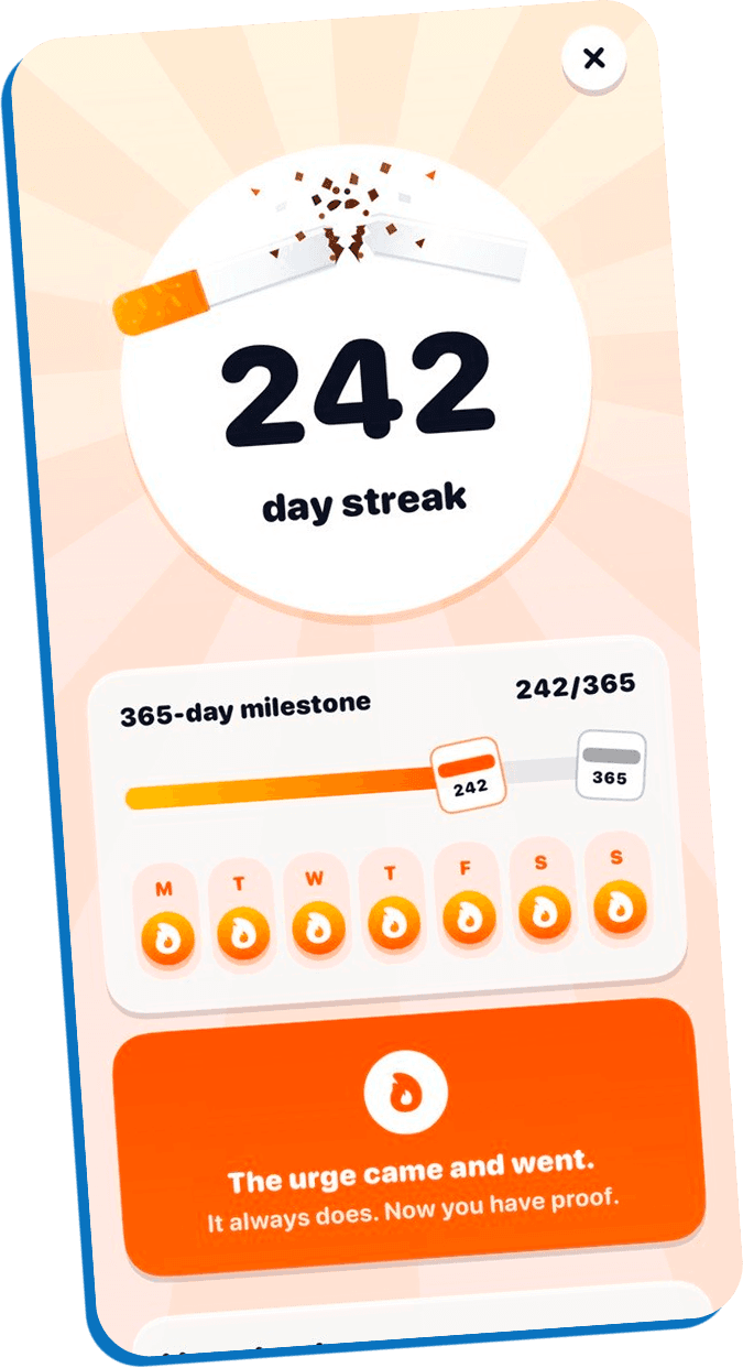 BeQuit streak screen showing a 242 day streak against a 365 day milestone
