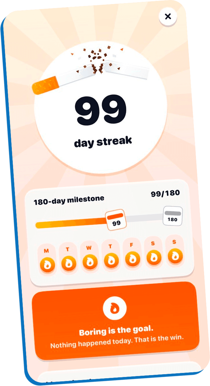 BeQuit streak screen showing a 99 day streak against a 180 day milestone