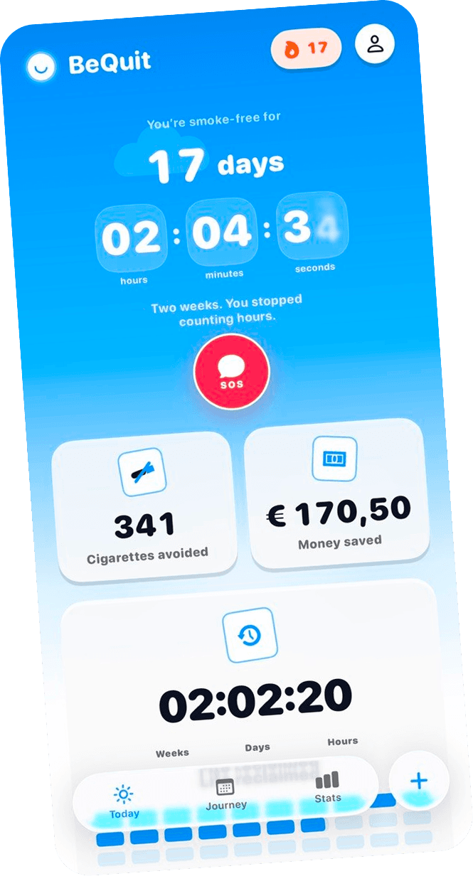 BeQuit Today screen at 17 days smoke-free, 341 cigarettes avoided and EUR 170,50 saved