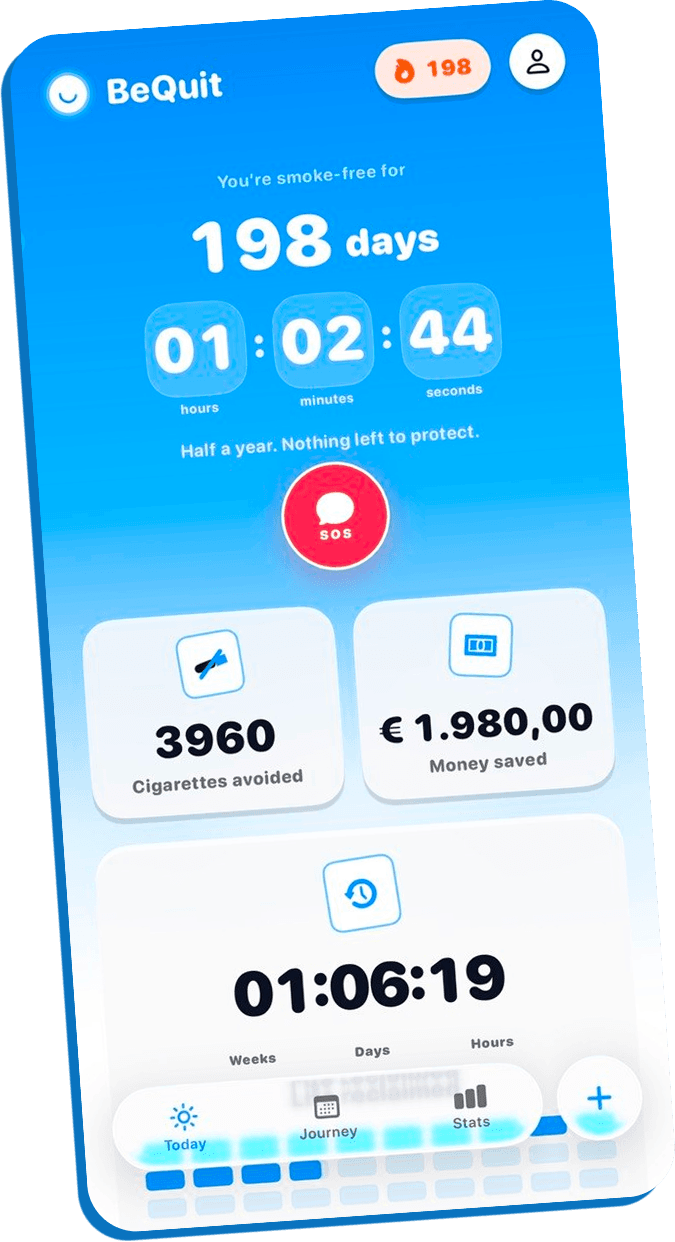 BeQuit Today screen at 198 days smoke-free with EUR 1.980,00 saved