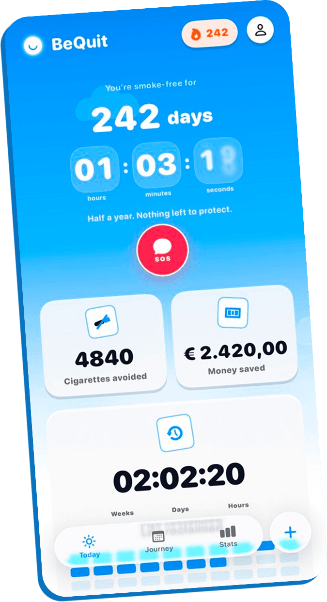 BeQuit Today screen at 242 days smoke-free with EUR 2.420,00 saved