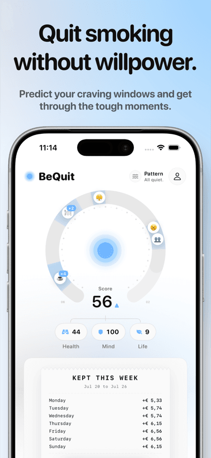 BeQuit app showing the day ring, personal pattern and progress receipt
