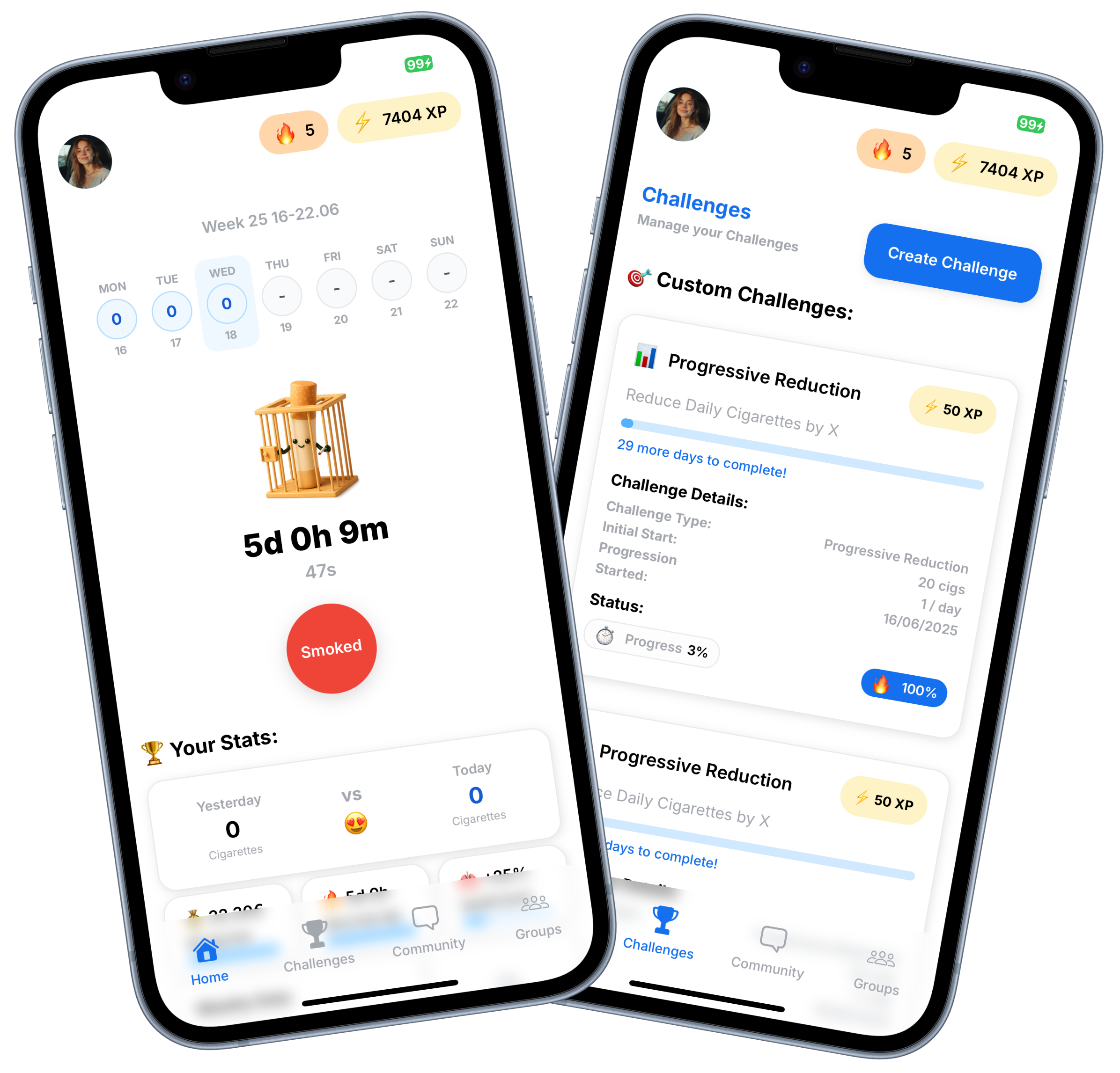 BeQuit App Interface showing smoke-free timer and health progress