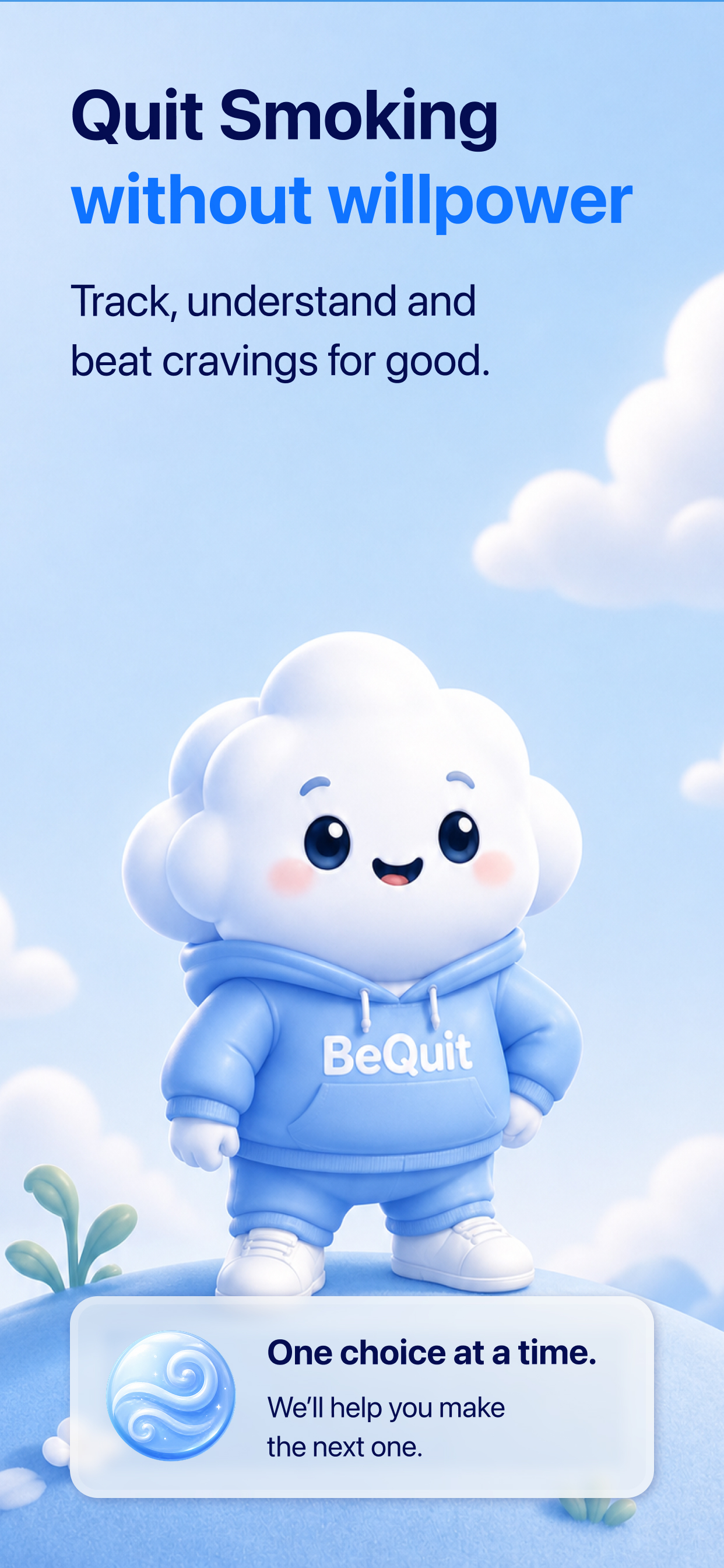 BeQuit App Store screen — quit smoking without willpower, mascot intro