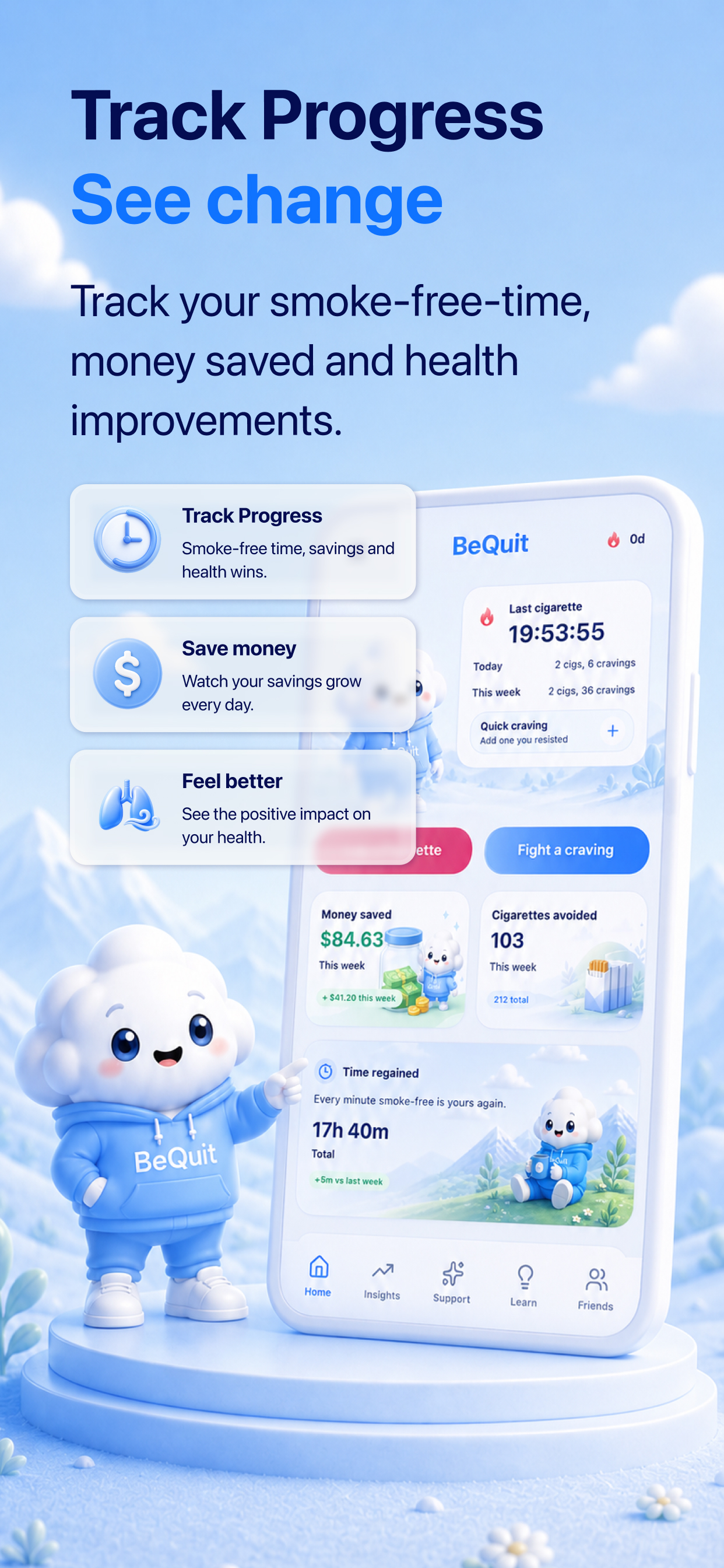 BeQuit App Store screen — track progress, see change, dashboard preview