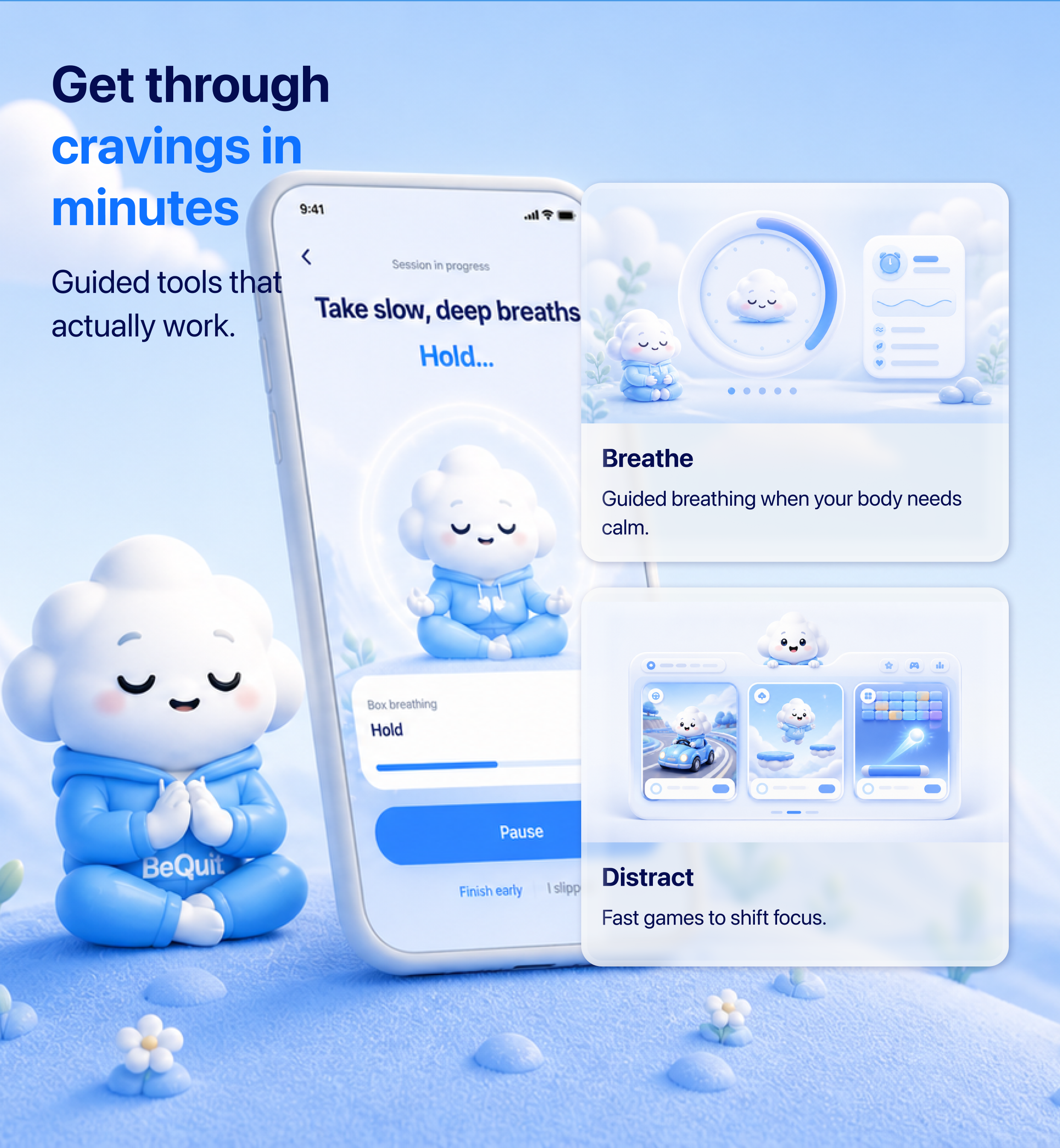 BeQuit craving tools — guided breathing, delay timer, distraction games